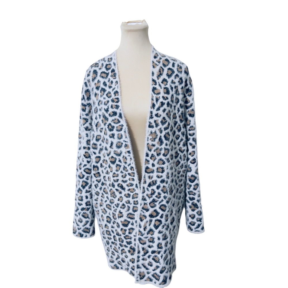 ALYA Animal Print Eyelash Knit Cardigan Large White Tan Black Neutral Casual